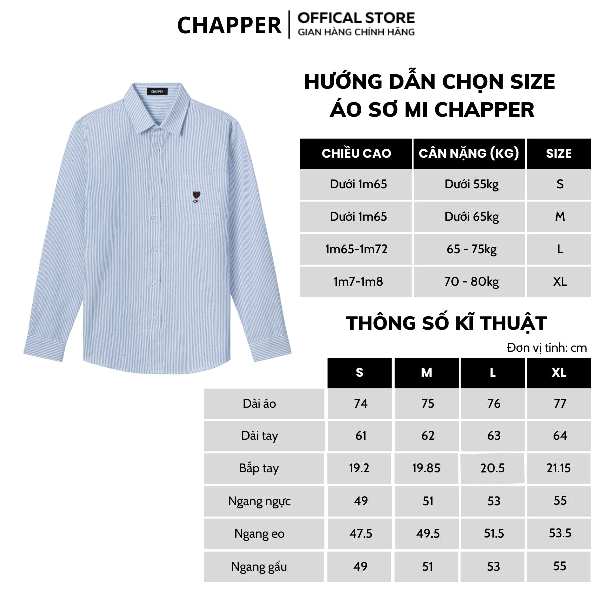 Áo sơ mi nam CHAPPER kẻ xanh hoạ tiết thêu tim chất Oxford cao cấp, form Regular - SMCP005