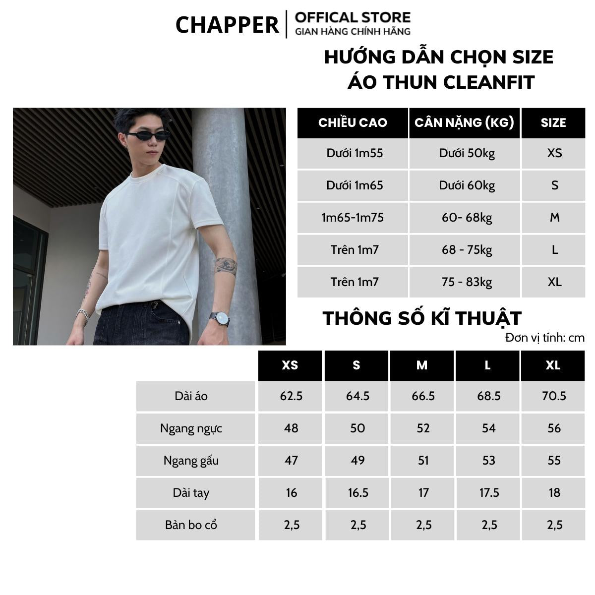 Áo thun CHAPPER định hình thân dáng, cổ tròn form Cleanfit tăng chiều cao nam nữ, co giãn chống nhăn - APCP030