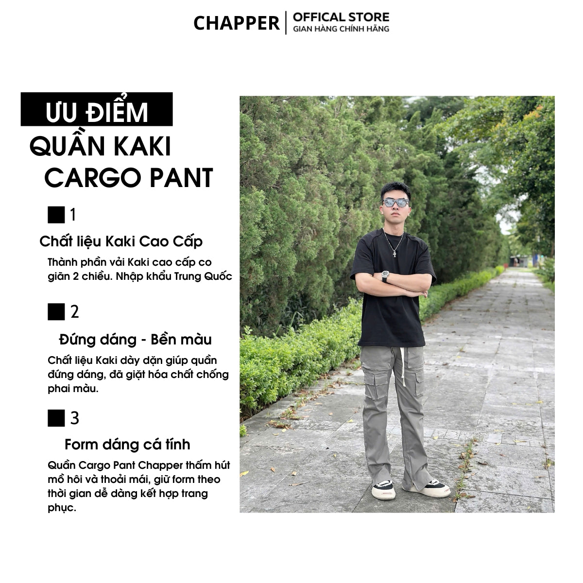 Quần Cargo Pant CHAPPER chất kaki túi hộp ống suông khóa zip - QCP001