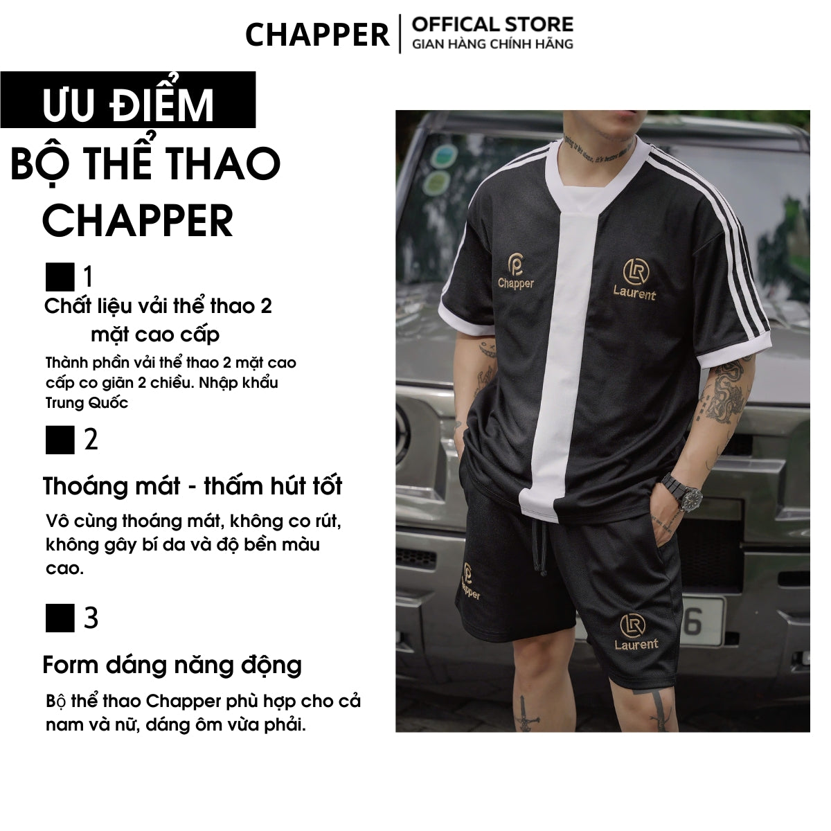 Bộ thể thao CHAPPER chất lạnh cao cấp, họa tiết thêu, form Unisex - BNCP001