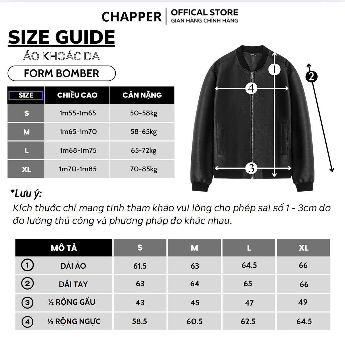 Áo bomber da Chapper chất liệu da PU cao cấp, dày dặn, không hoạ tiết - AKDCP003