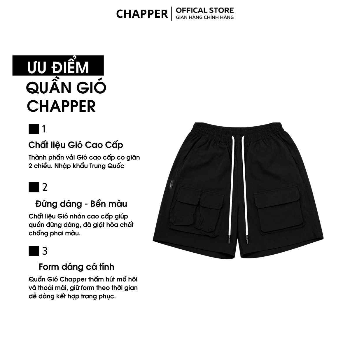 Quần short gió Chapper 2 lớp cao cấp, phiên bản túi hộp - QSCP014