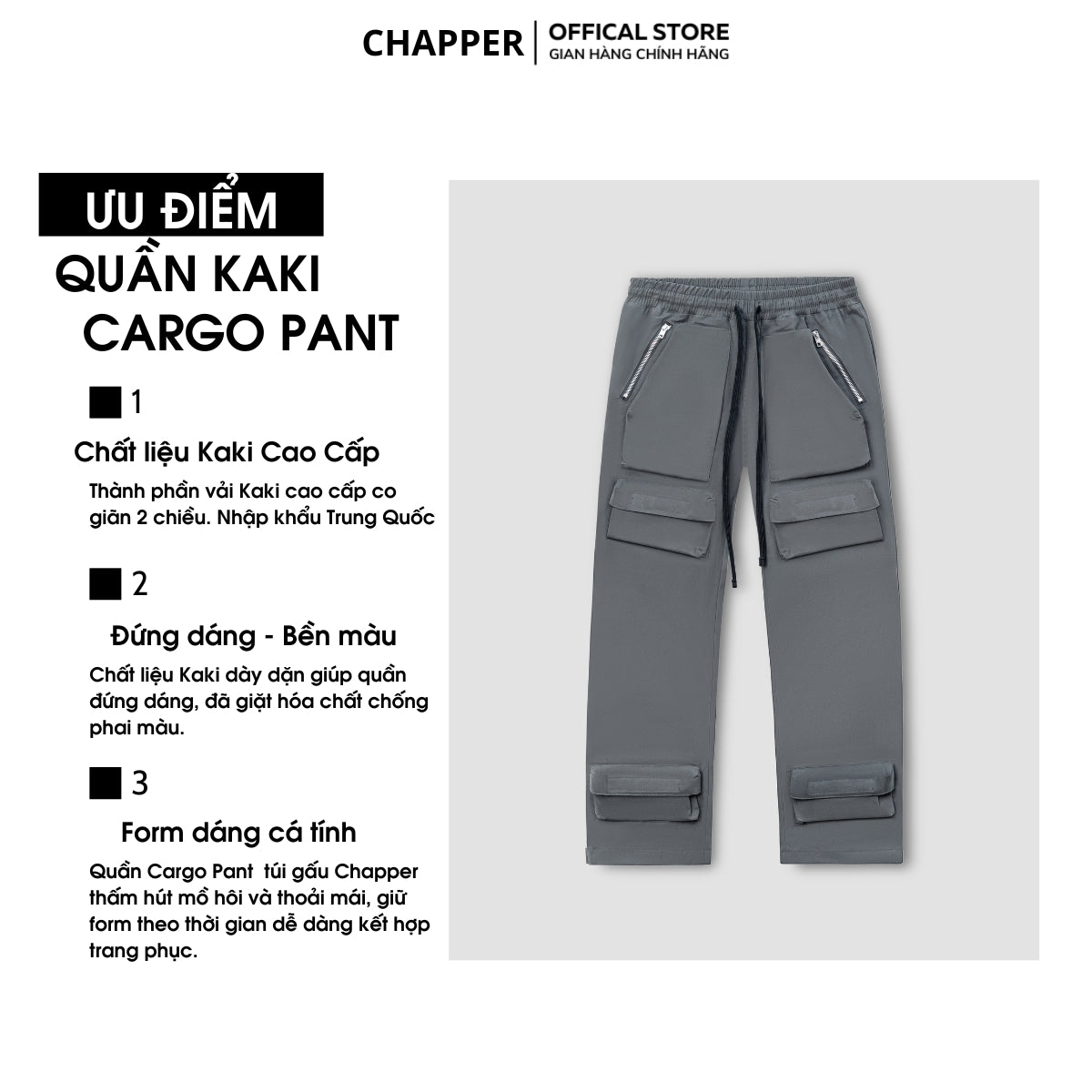Quần Cargo Pant CHAPPER chất kaki túi hộp ống suông khóa zip - QCP005