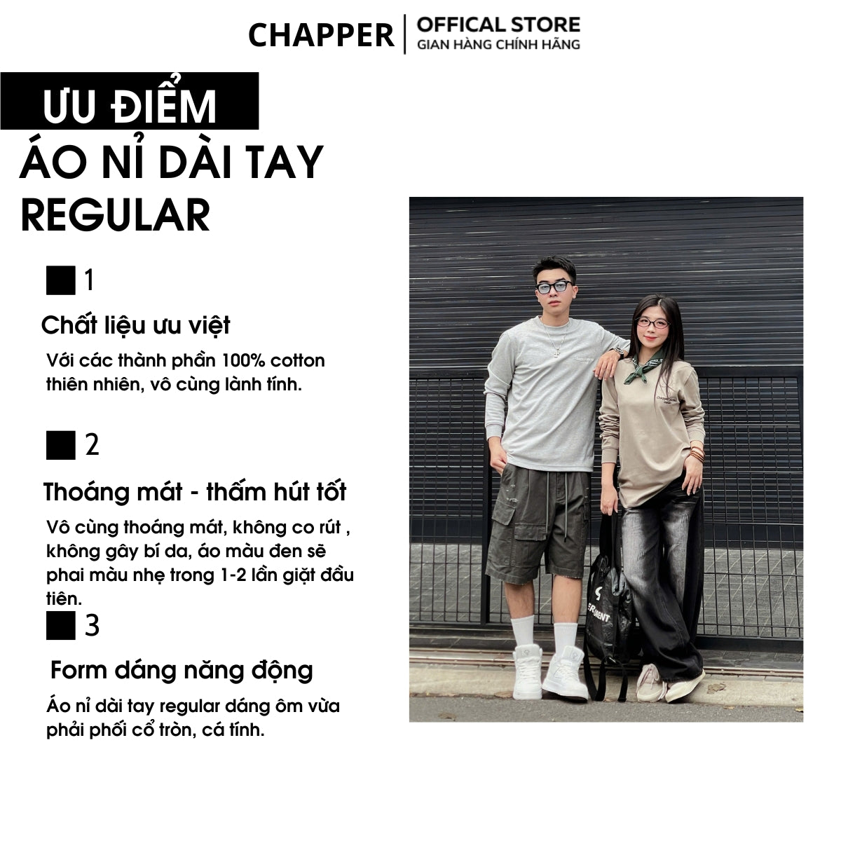 Áo dài tay nỉ CHAPPER cao cấp không bai nhão, không xù lông, hoạ tiết thêu Couture - ADCP007