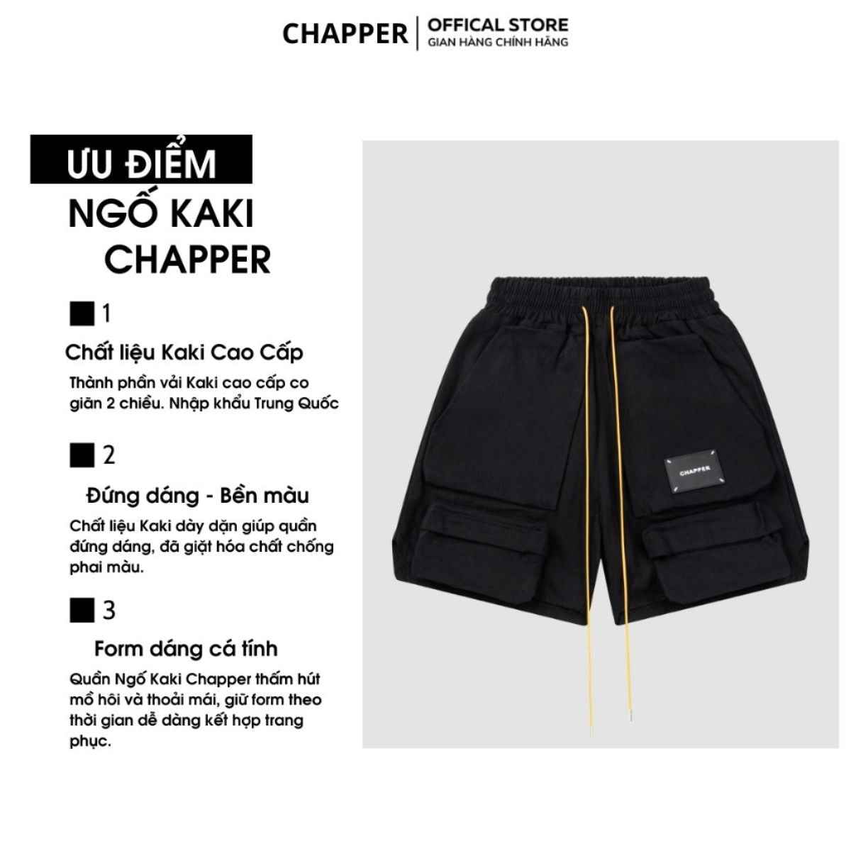 Quần short nam CHAPPER túi hộp dây vàng chất kaki cao cấp dáng trên gối - QSCP003