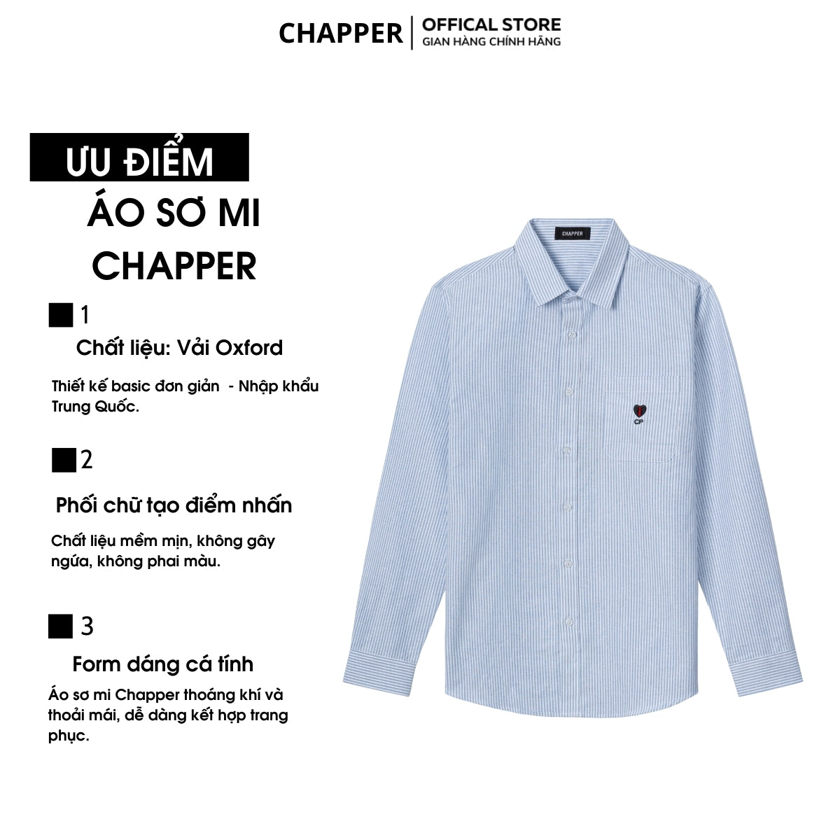 Áo sơ mi nam CHAPPER kẻ xanh hoạ tiết thêu tim chất Oxford cao cấp, form Regular - SMCP005