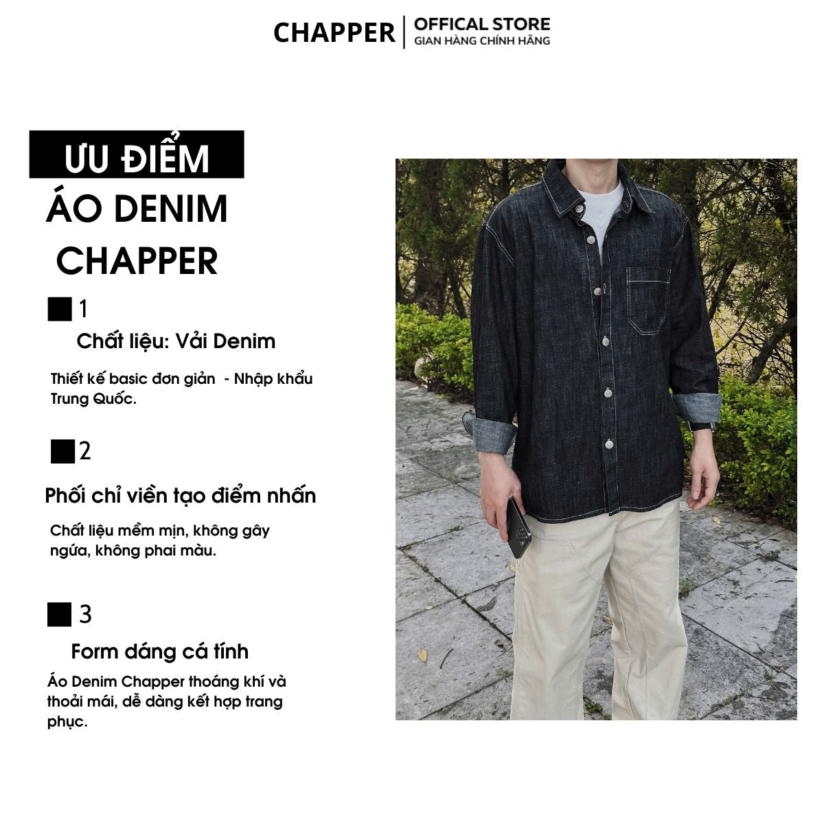 Áo sơ mi Denim nam CHAPPER cao cấp, vải mềm mịn, không co rút, không phai màu - SMCP007
