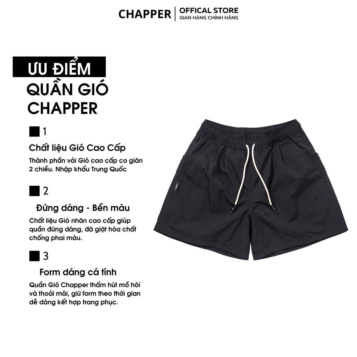 Quần short gió nhăn Chapper 2 lớp cao cấp, phiên bản classic- QSCP013