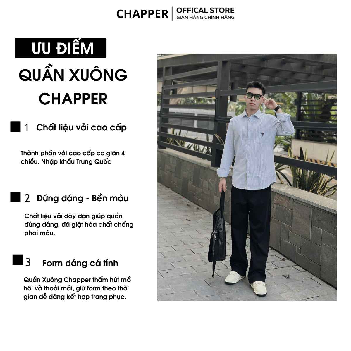 Quần vải ống xuông CHAPPER chất vải cao cấp co giãn, mềm mịn khắc phục nhược điểm - QCP012