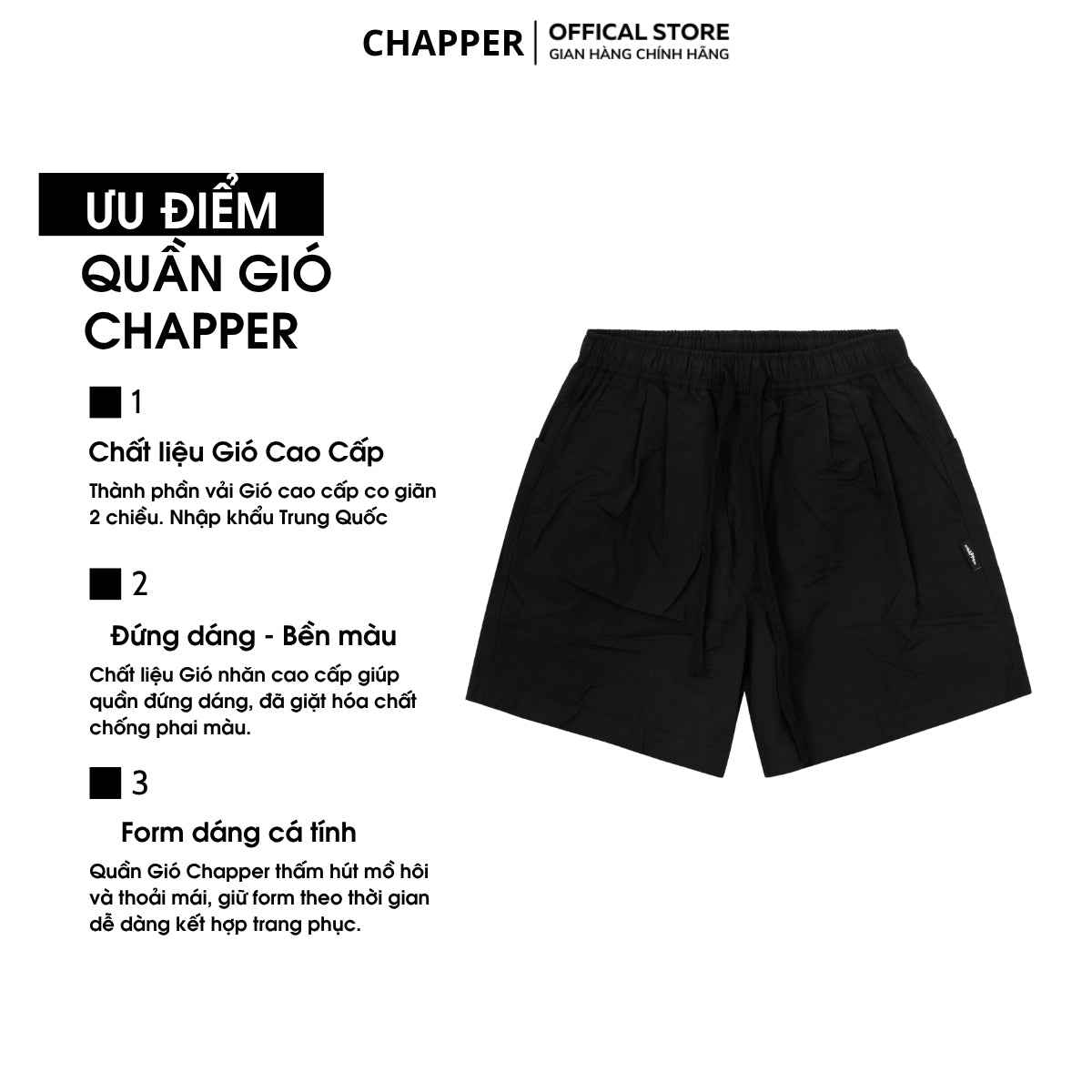 Quần short gió nhăn CHAPPER túi chéo chất liệu gió nhăn cao cấp - QSCP012