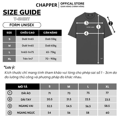 Áo thun nam nữ CHAPPER cổ tròn form unisex, thêu chữ ngực, sườn, vải cotton thoáng mát - APCP012
