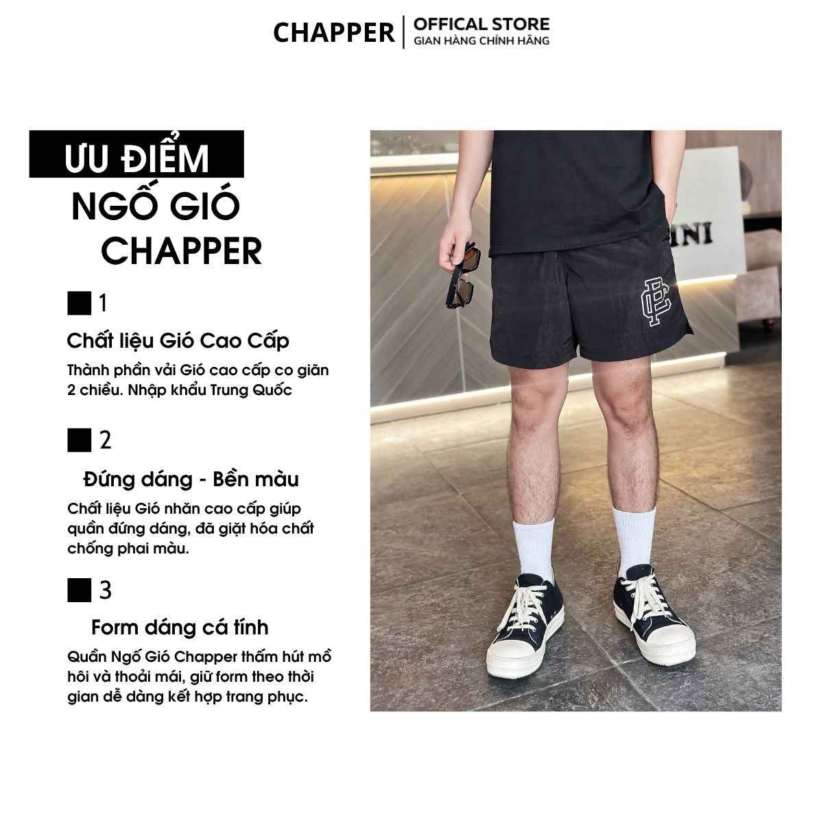 Quần short gió CHAPPER chất liệu gió nhăn cao cấp dáng trên gối - QSCP009
