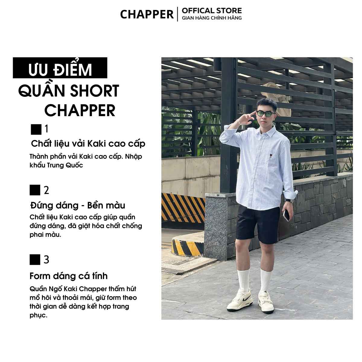 Quần short kaki nam CHAPPER vải kaki nhập khẩu co giãn 2 chiều, cạp chun dáng trên gối chính hãng - QSCP011