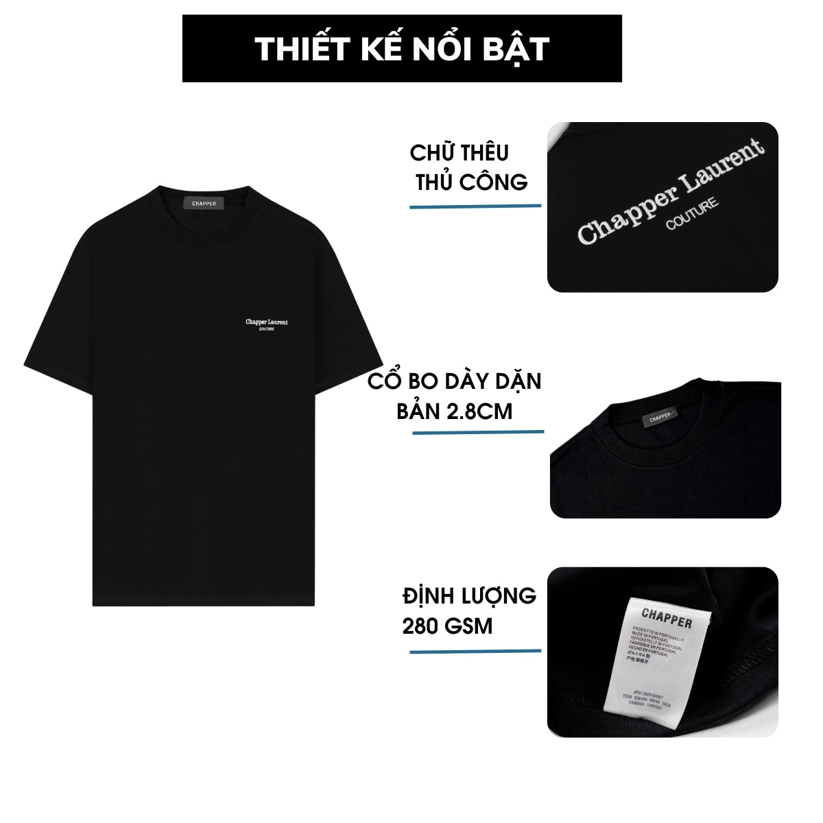 Áo thun nam nữ cổ tròn CHAPPER  hoạ tiết thêu Couture, vải cotton thoáng mát, form Unisex - APCP020