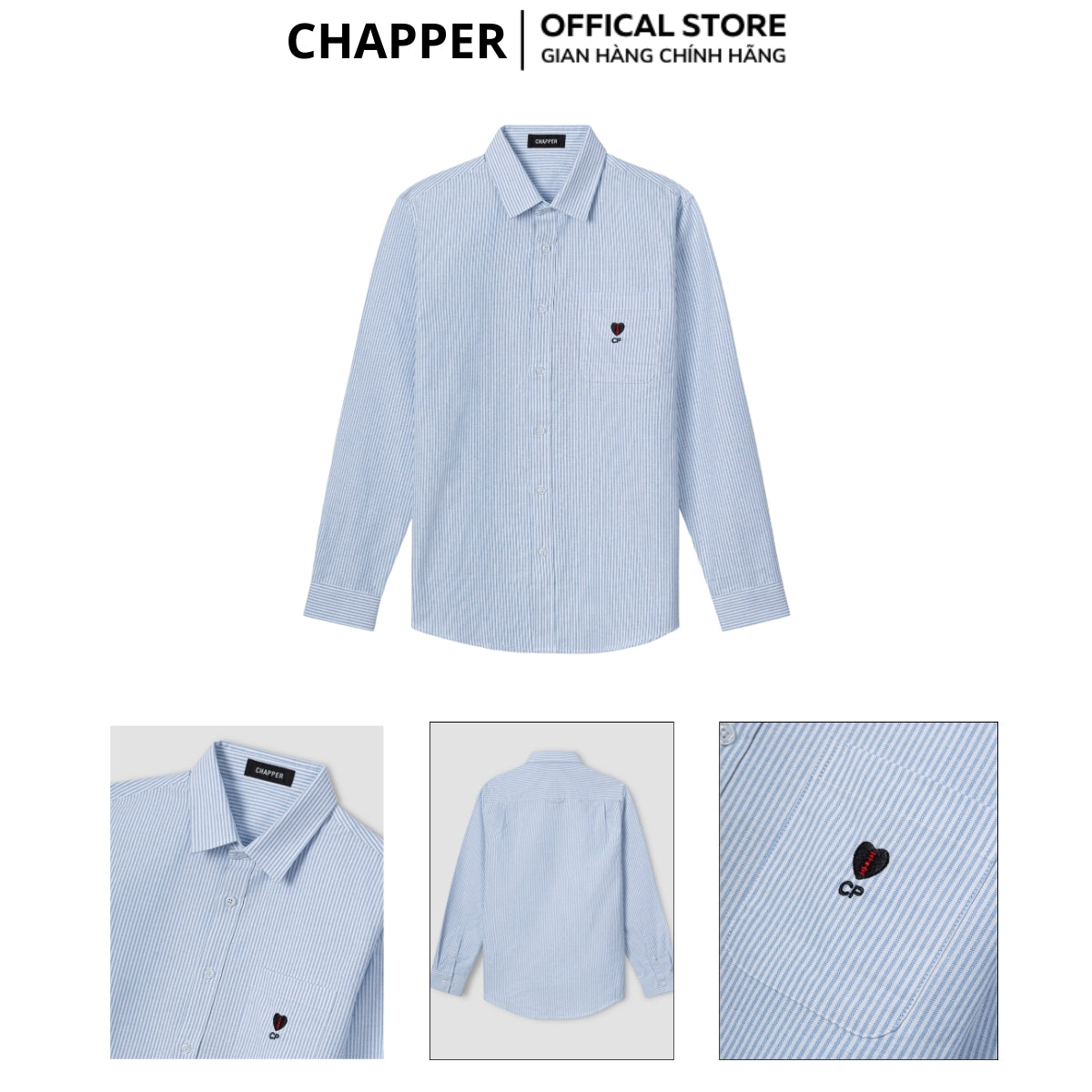 Áo sơ mi nam CHAPPER kẻ xanh hoạ tiết thêu tim chất Oxford cao cấp, form Regular - SMCP005