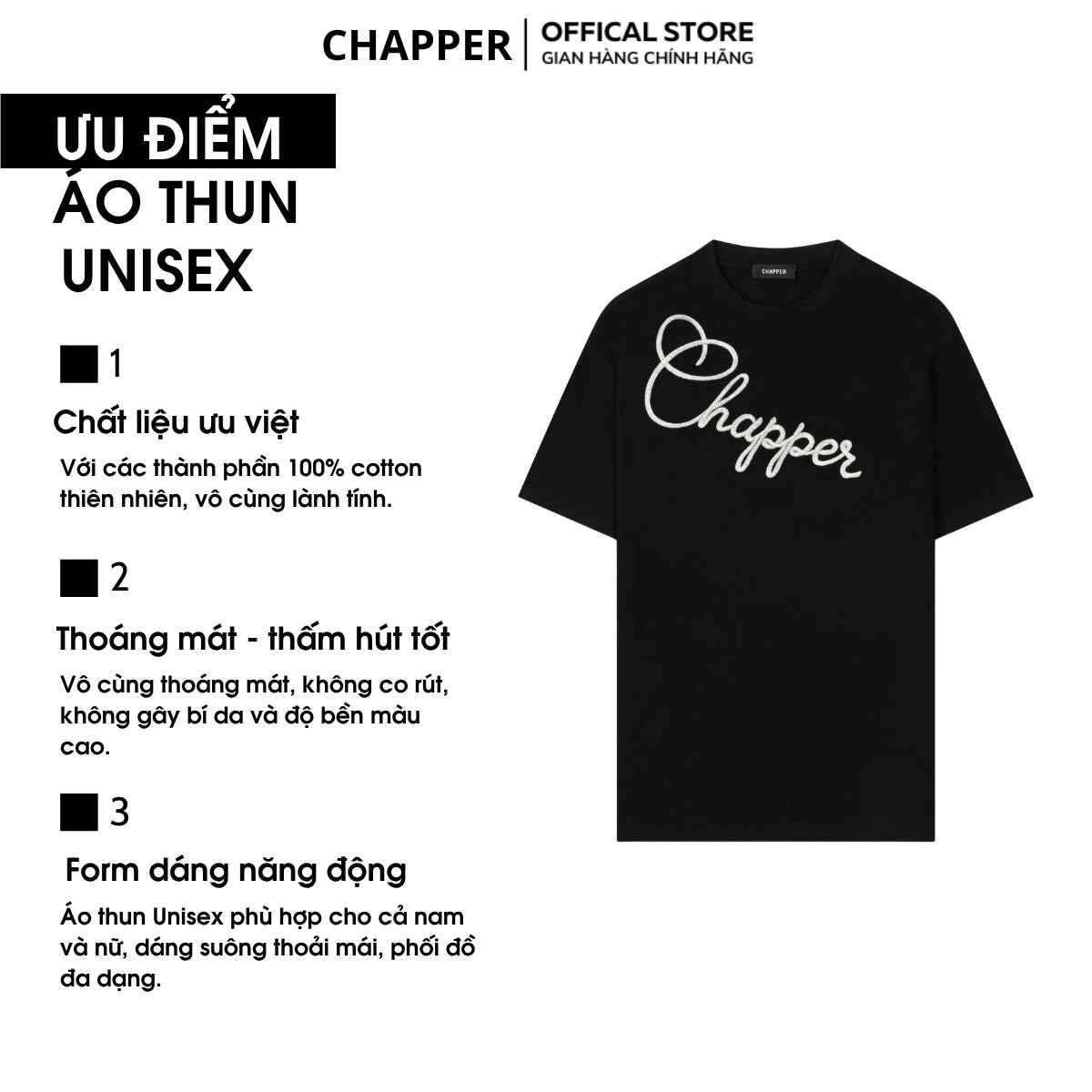 Áo thun nam nữ CHAPPER thêu slogan chéo, định lượng 280gsm thoáng mát, form unisex - APCP045