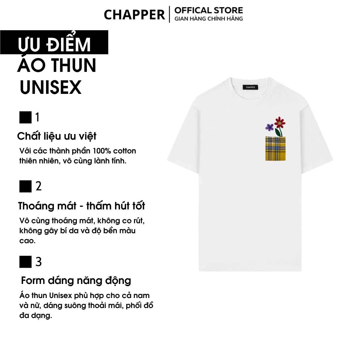 Áo thun nam nữ CHAPPER túi thêu hoa, định lượng 280gsm thoáng mát, form unisex - APCP041