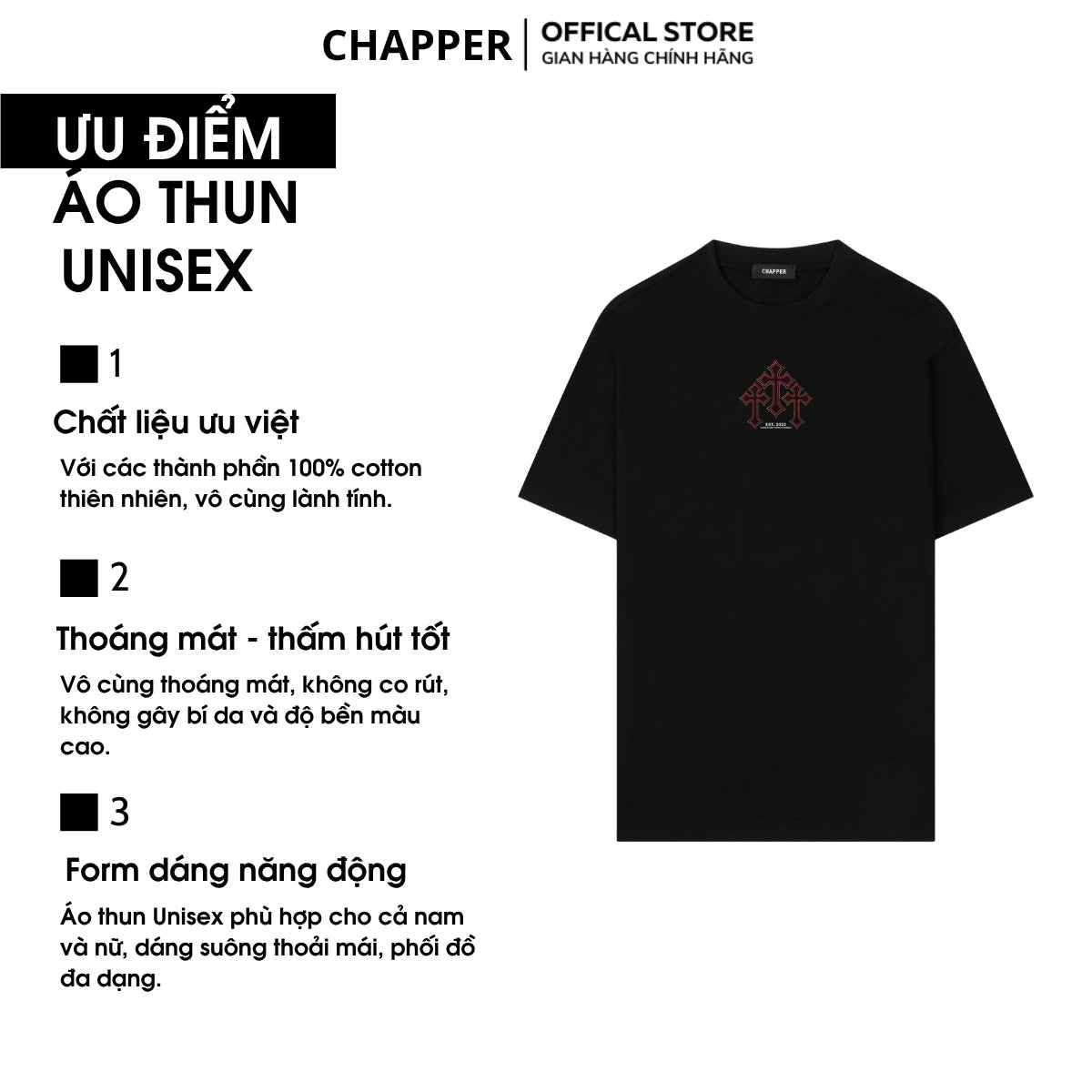 Áo thun nam nữ CHAPPER thêu 3 thánh giá, định lượng 280gsm thoáng mát, form unisex - APCP046