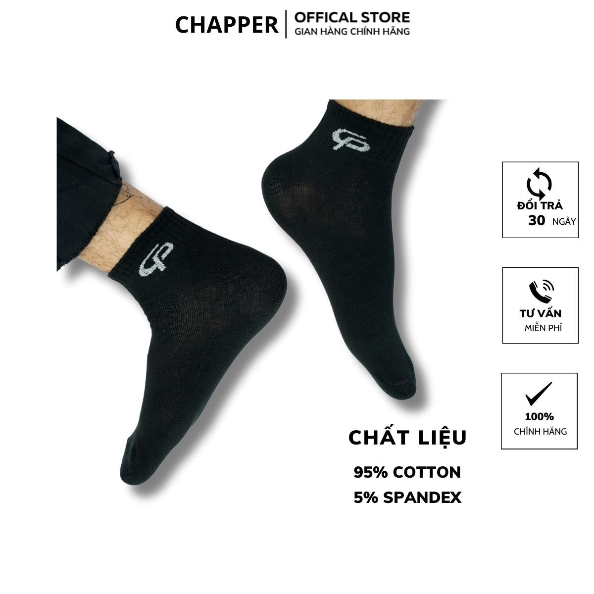 Tất nam nữ cổ trung CHAPPER cao cấp 3 màu kháng khuẩn khử mùi – TCP001