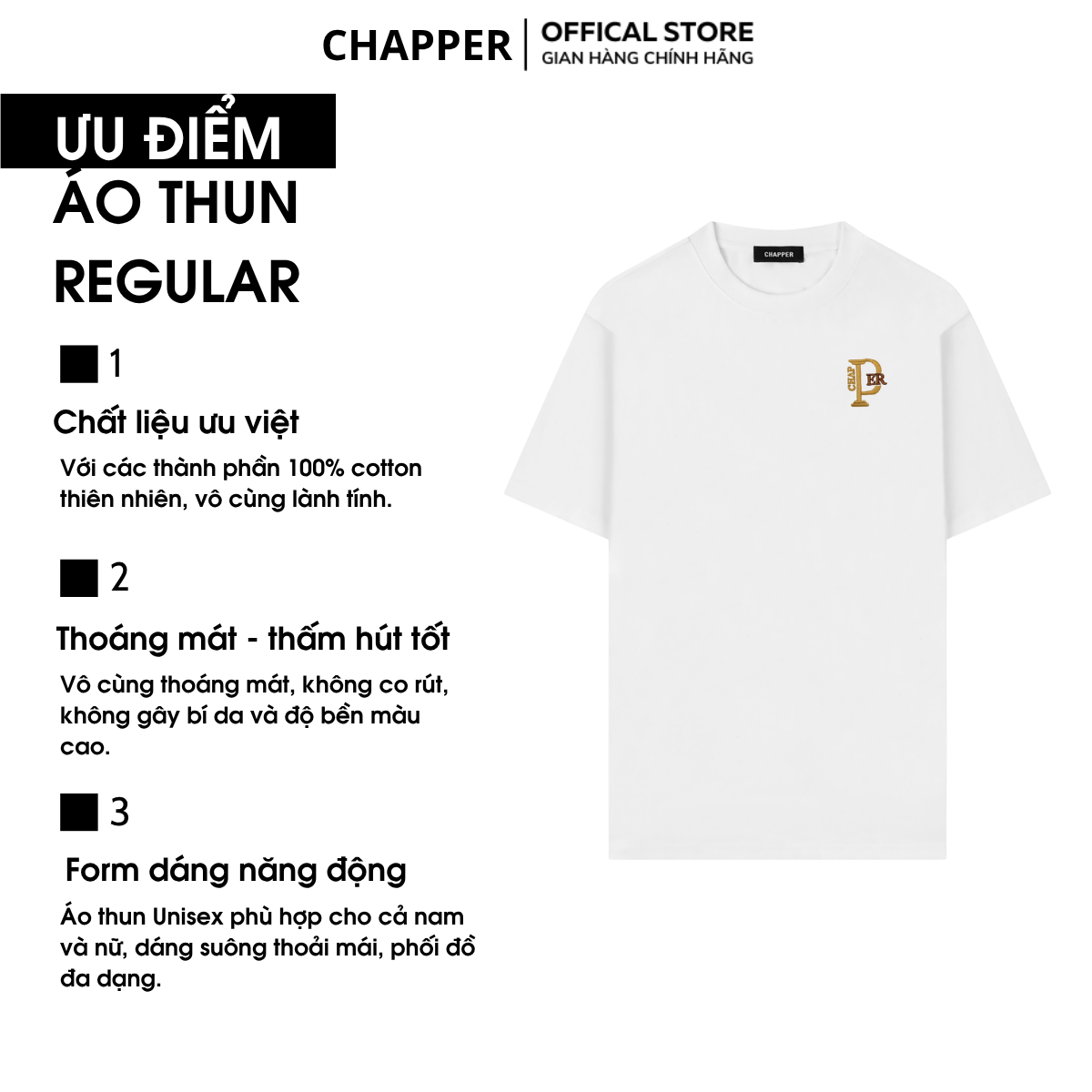 Áo thun nam nữ cổ tròn CHAPPER thêu chữ P form Regular, vải cotton 2 mặt, định lượng 240gsm thoáng mát - APCP049