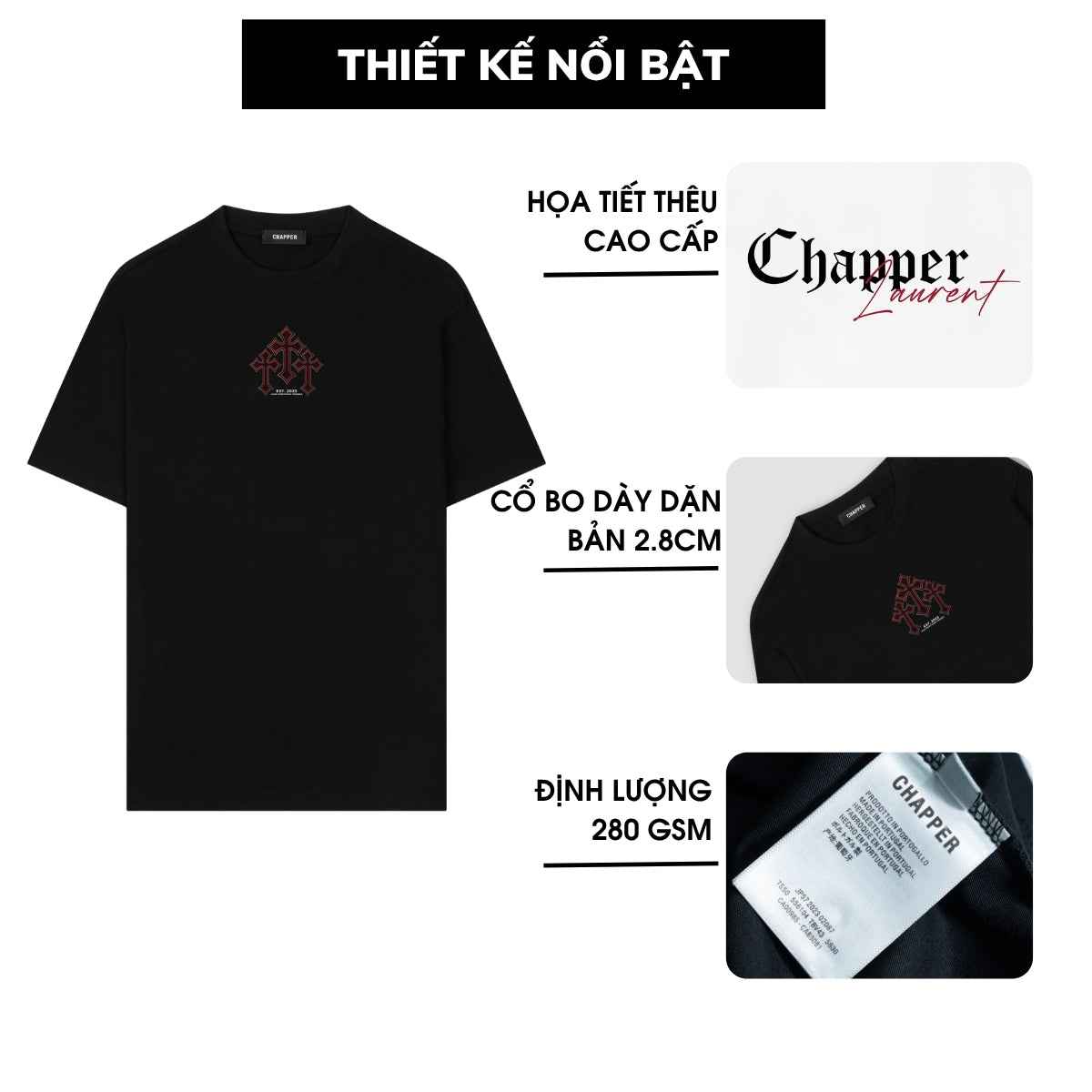 Áo thun nam nữ CHAPPER thêu 3 thánh giá, định lượng 280gsm thoáng mát, form unisex - APCP046