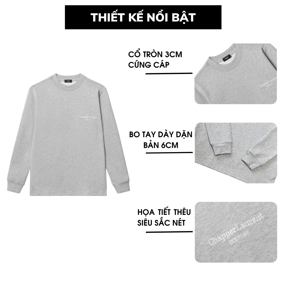 Áo dài tay nỉ CHAPPER cao cấp không bai nhão, không xù lông, hoạ tiết thêu Couture - ADCP007