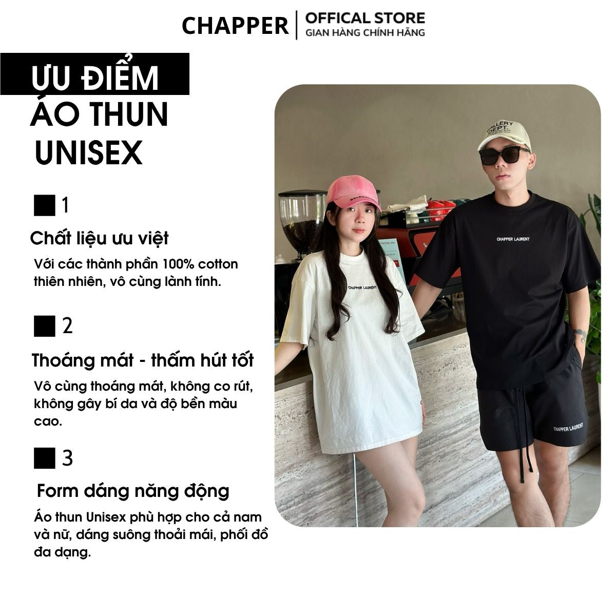 Áo thun nam nữ CHAPPER cổ tròn form unisex, thêu chữ ngực, sườn, vải cotton thoáng mát - APCP012