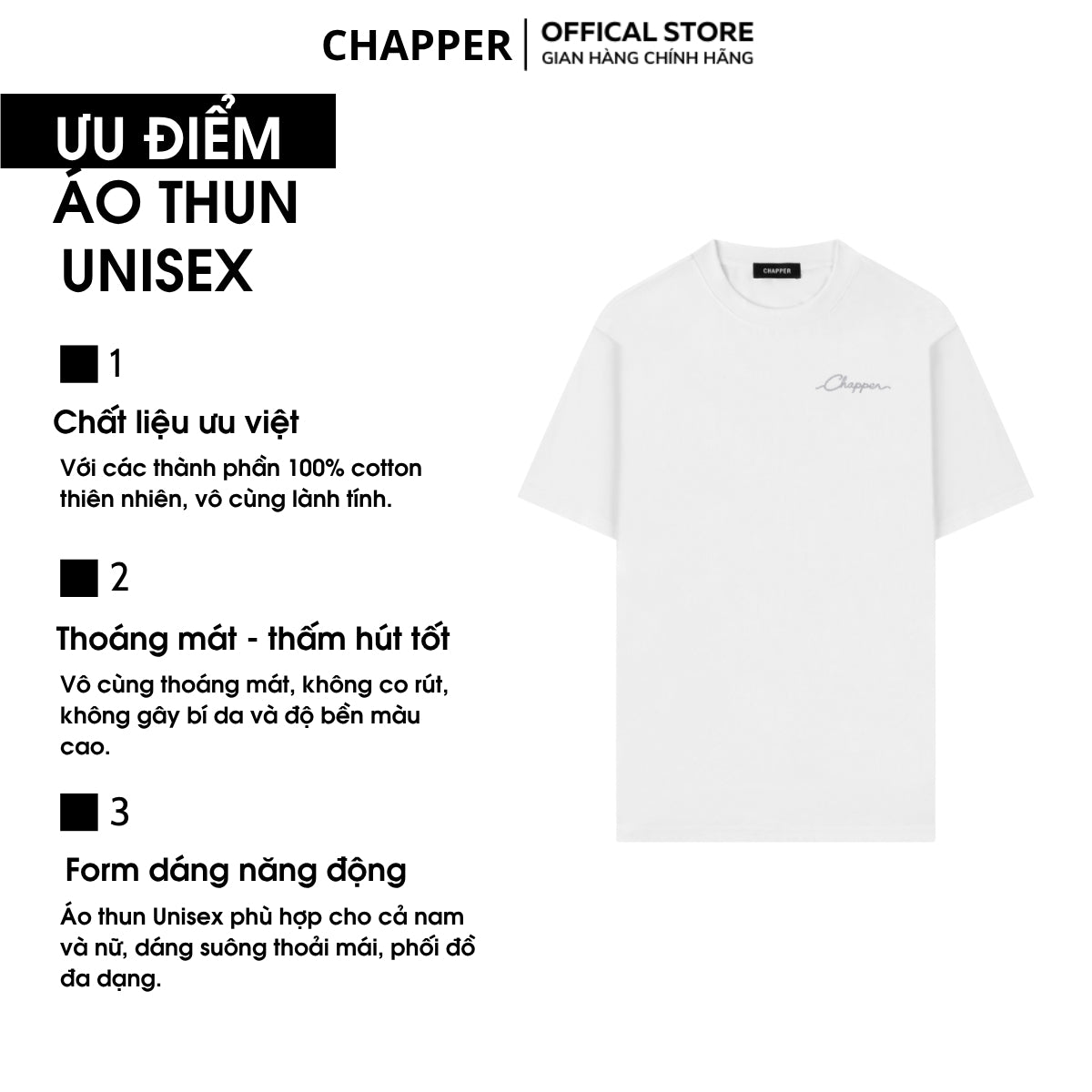 Áo thun nam nữ CHAPPER cao cấp logo chữ thêu kim tuyến - APCP038