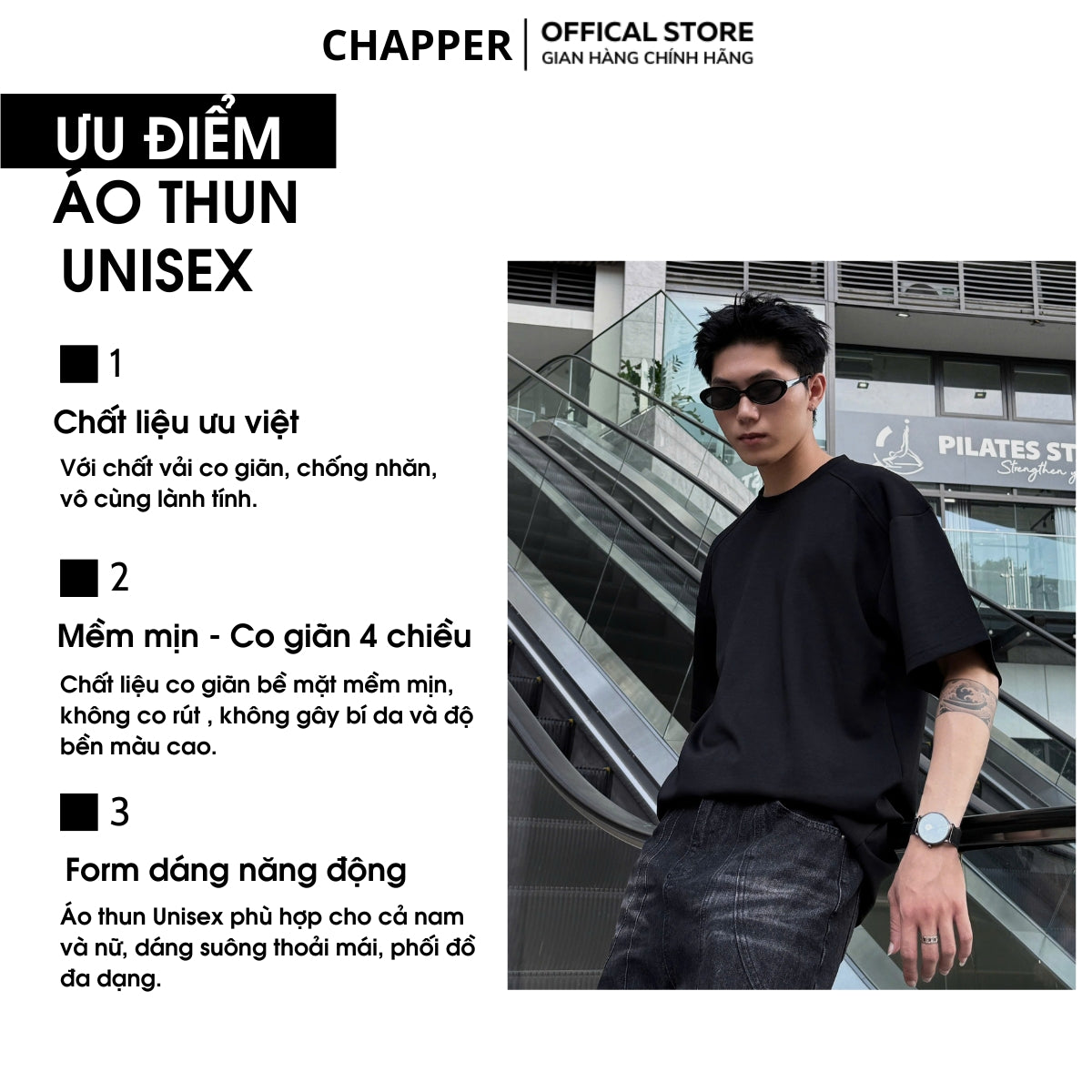 Áo thun CHAPPER vai chéo, cổ tròn form Unisex dấu khuyết điểm nam nữ, co giãn chống nhăn chính hãng 100% - APCP031