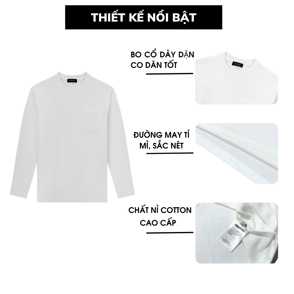 Áo thun nam dài tay CHAPPER cao cấp túi ngực, form Regular - ADCP004