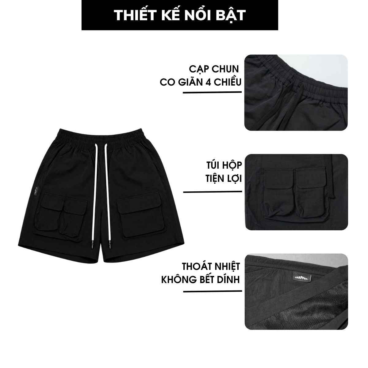 Quần short gió Chapper 2 lớp cao cấp, phiên bản túi hộp - QSCP014