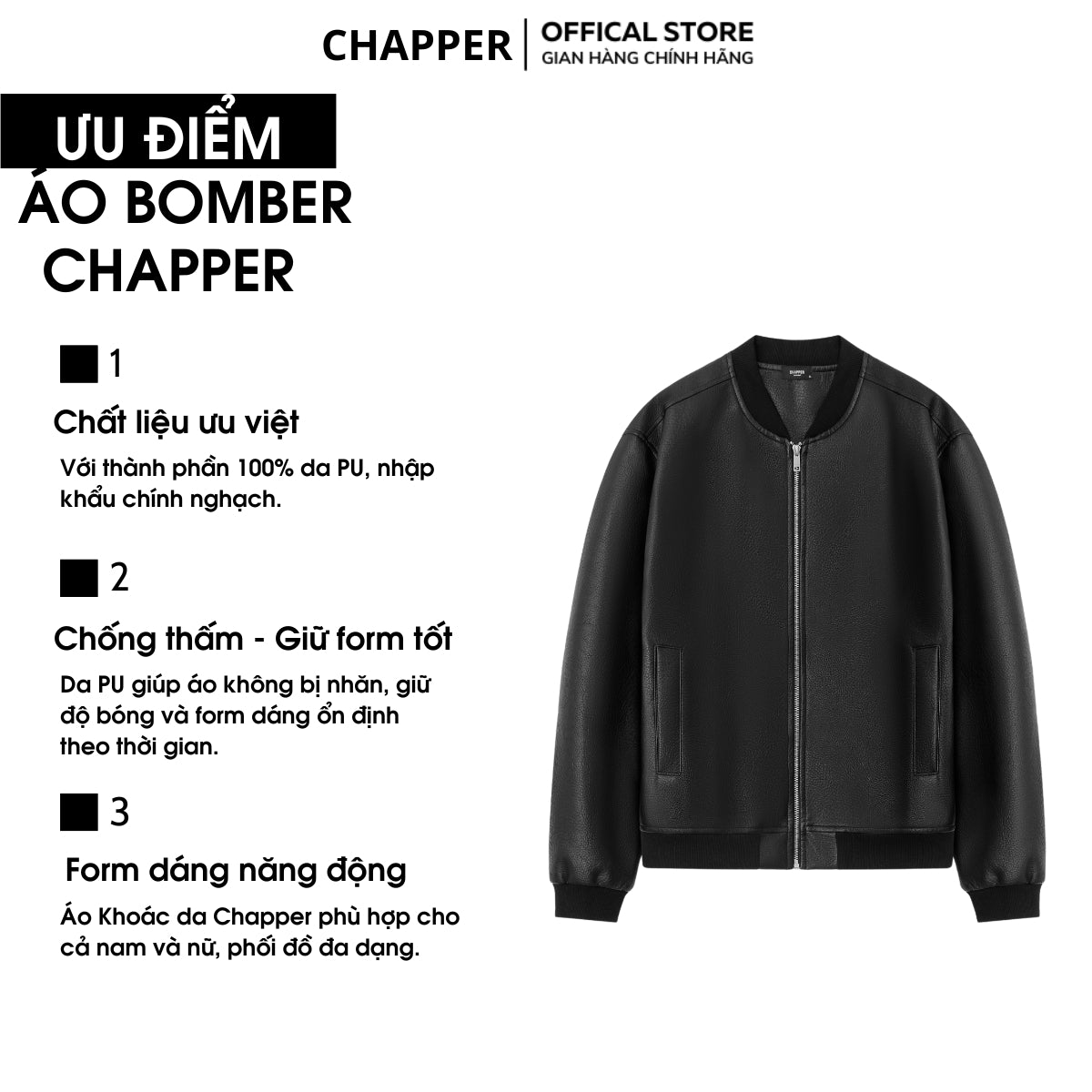 Áo bomber da Chapper chất liệu da PU cao cấp, dày dặn, không hoạ tiết - AKDCP003