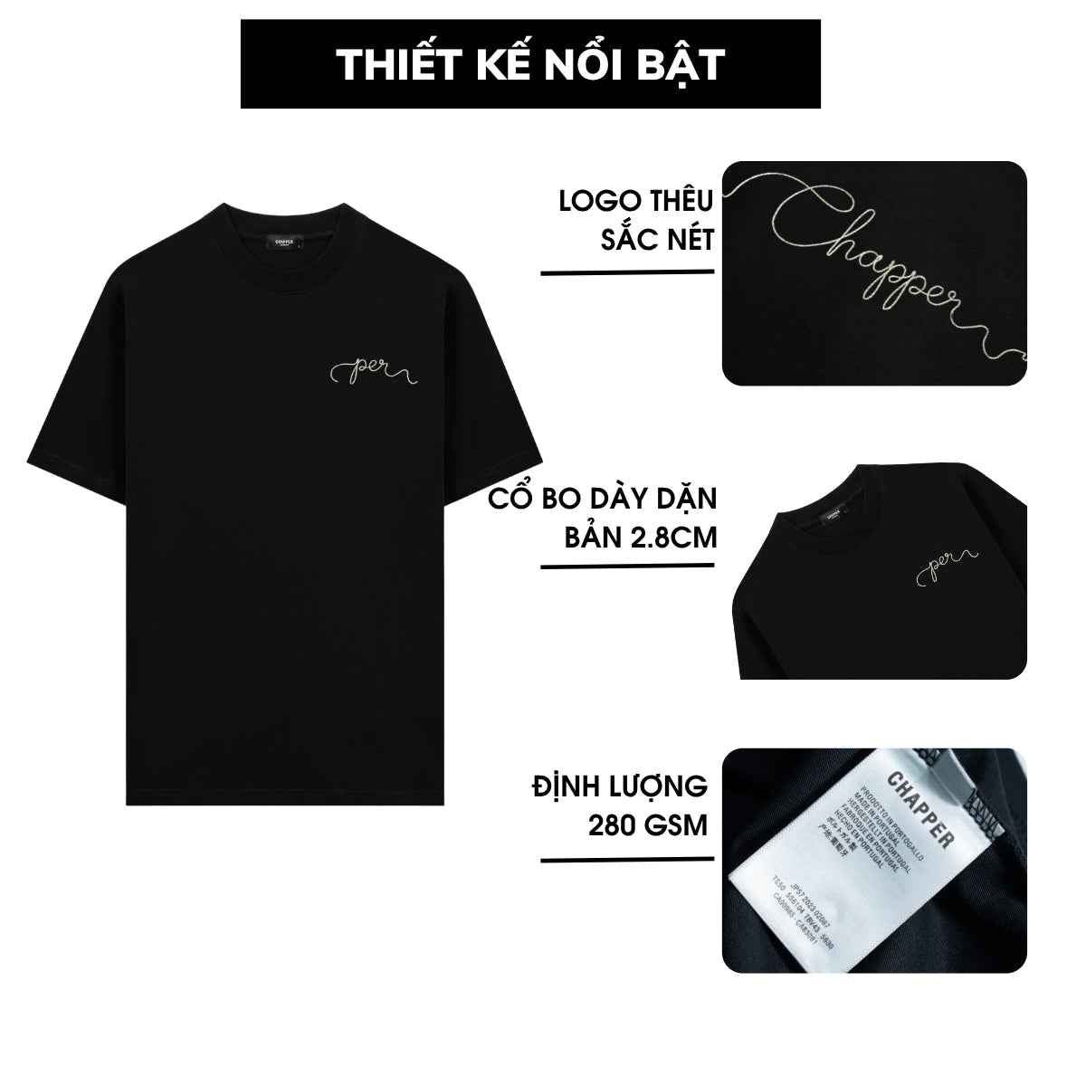 Áo thun nam nữ CHAPPER chữ ký thêu kim tuyến, định lượng 280gsm thoáng mát, form unisex - APCP040
