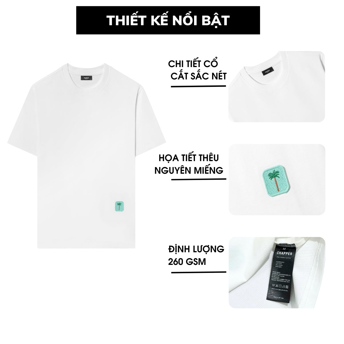 Áo thun nam nữ CHAPPER hoạ tiết thêu logo cây dừa cotton thoáng mát form Regular - APCP035