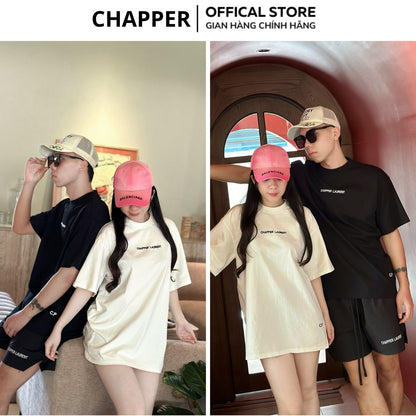 Áo thun nam nữ CHAPPER cổ tròn form unisex, thêu chữ ngực, sườn, vải cotton thoáng mát - APCP012