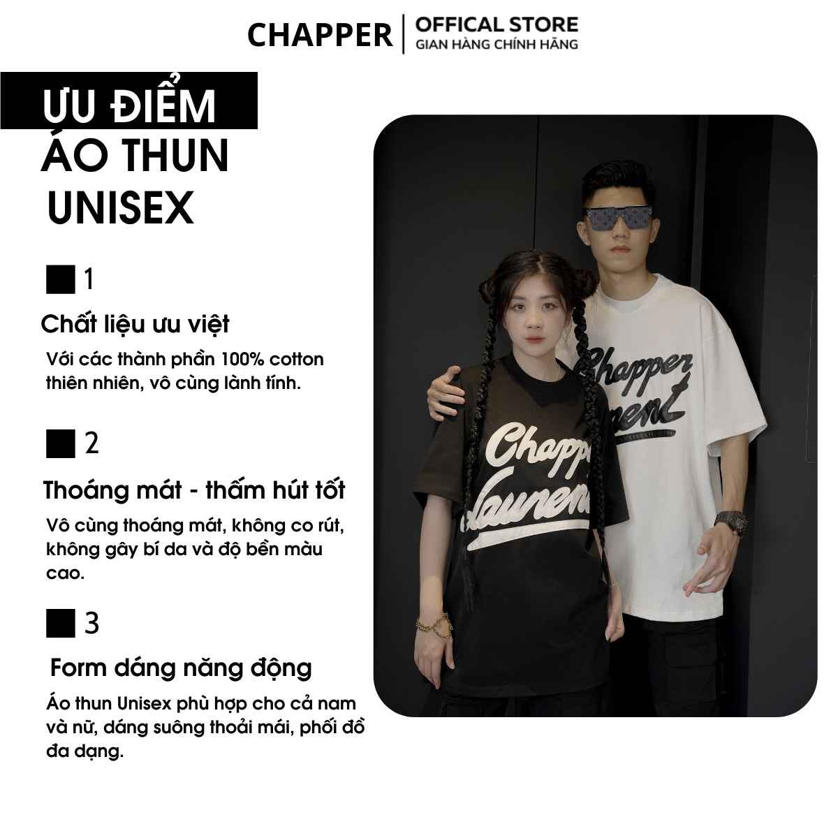 Áo thun nam nữ cổ tròn Chapper chữ thêu da, form Unisex, vải cotton thoáng mát - APCP005