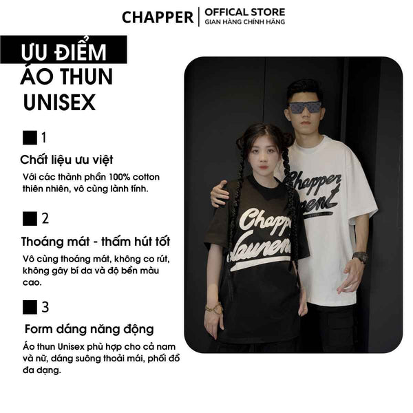 Áo thun nam nữ cổ tròn Chapper chữ thêu da, form Unisex, vải cotton thoáng mát - APCP005