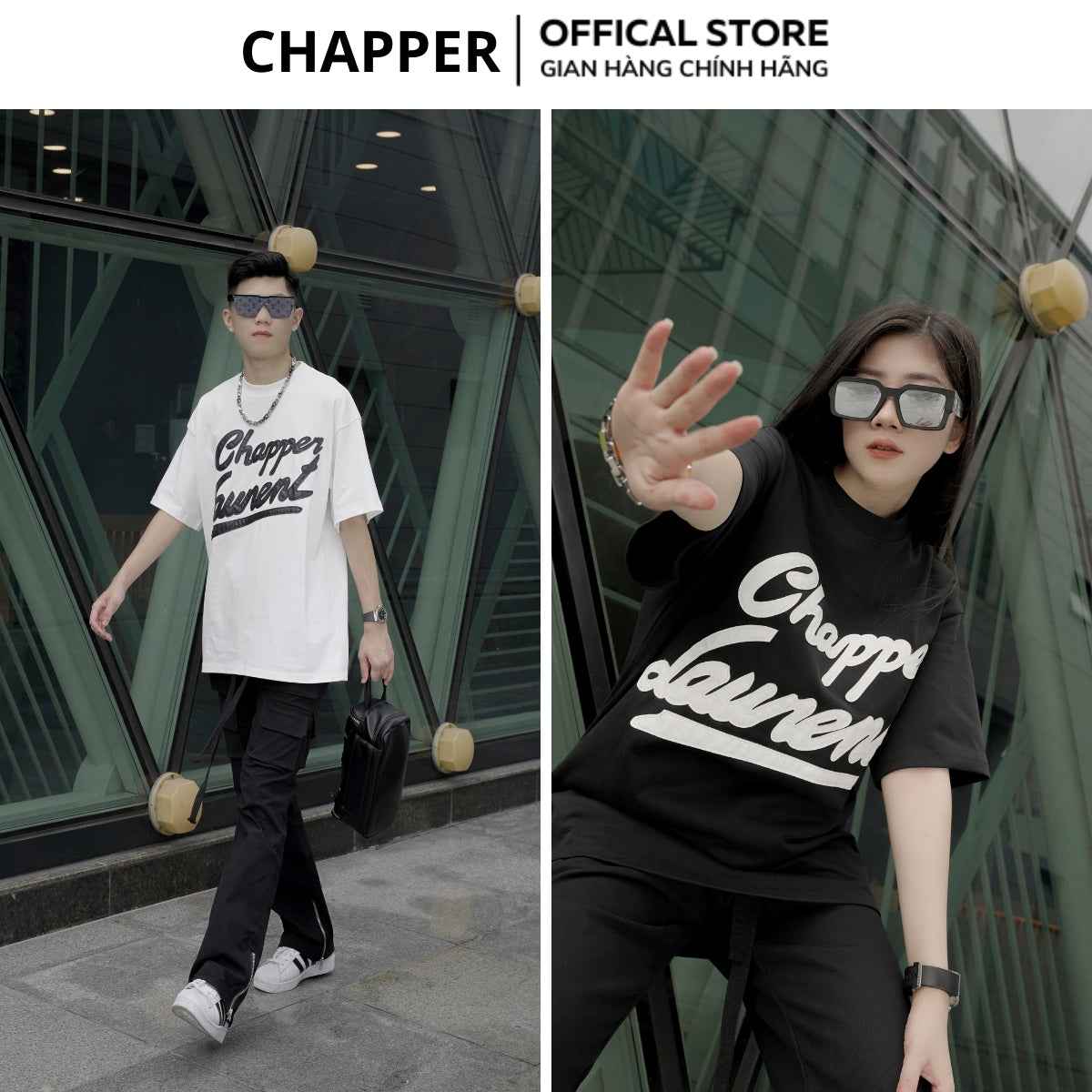 Áo thun nam nữ cổ tròn Chapper chữ thêu da, form Unisex, vải cotton thoáng mát - APCP005