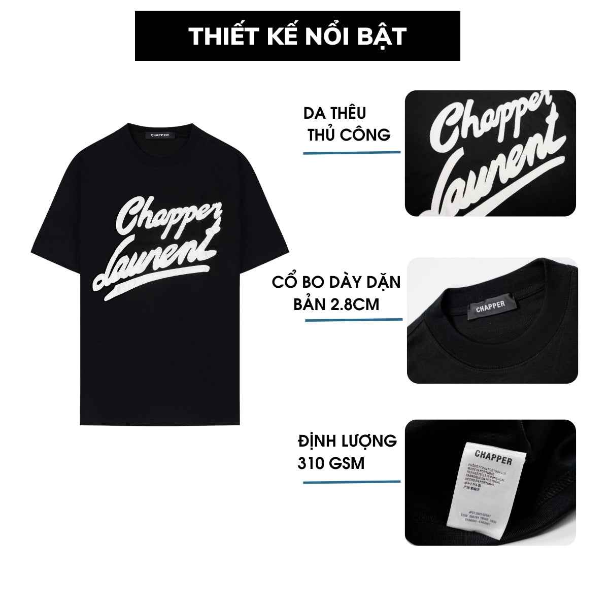 Áo thun nam nữ cổ tròn Chapper chữ thêu da, form Unisex, vải cotton thoáng mát - APCP005