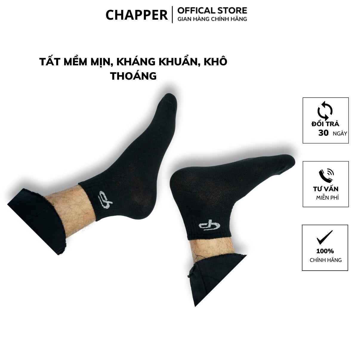 Tất nam nữ cổ trung CHAPPER cao cấp 3 màu kháng khuẩn khử mùi – TCP001